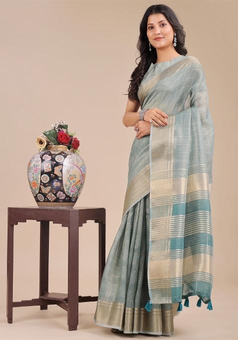 Sea Green Woven Zari Work Organza Saree Set