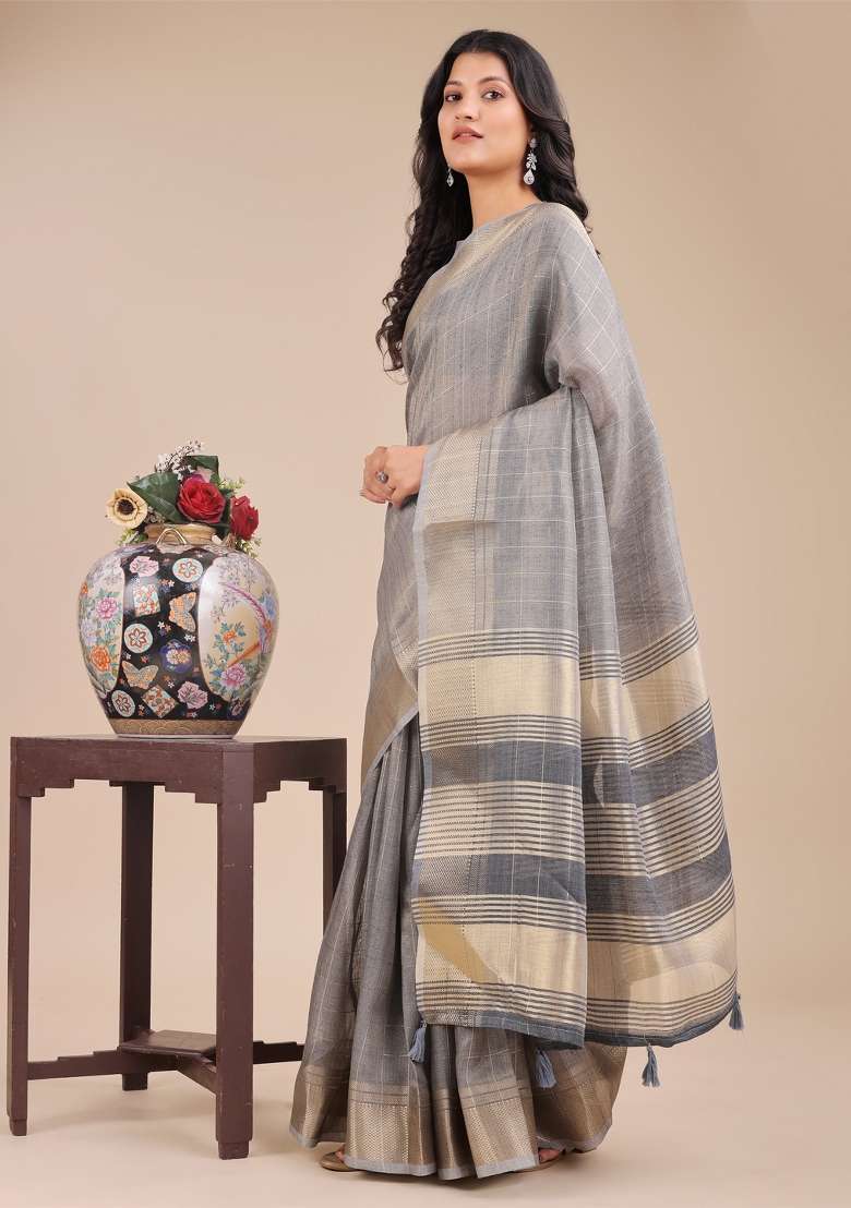 Grey Woven Zari Work Organza Saree Set - Indya