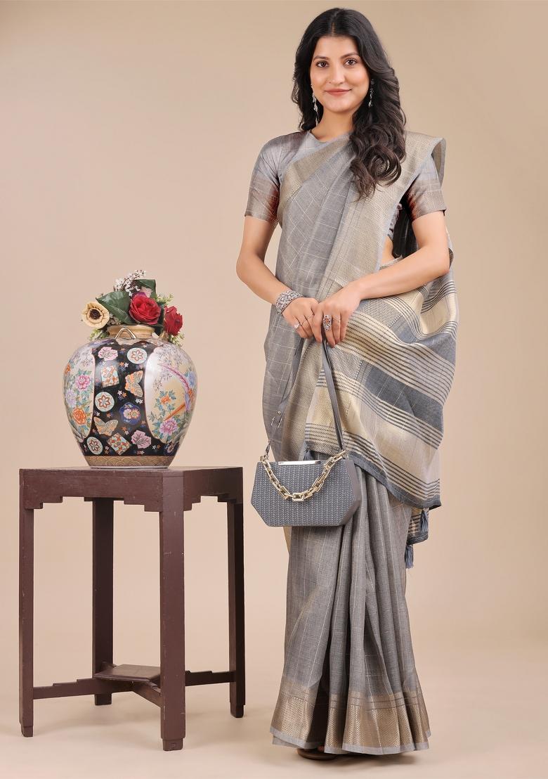 Grey Woven Zari Work Organza Saree Set