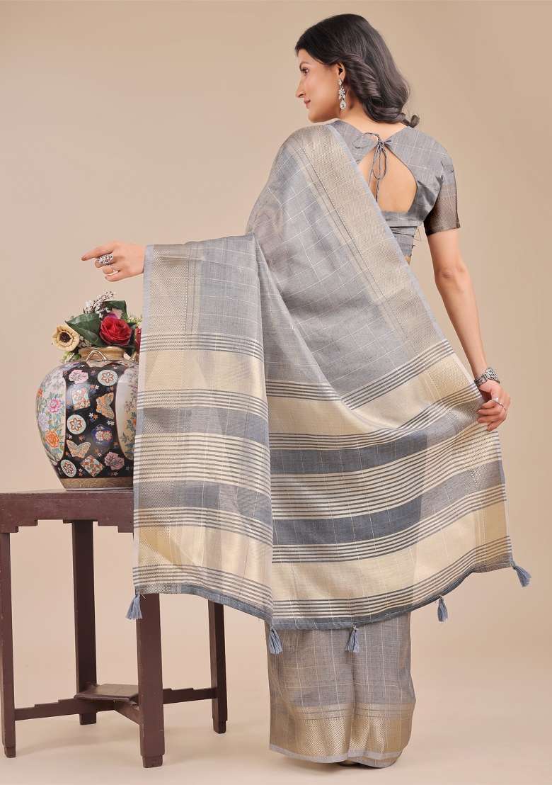 Grey Woven Zari Work Organza Saree Set - Indya