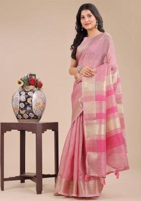 Pink Woven Zari Work Organza Saree Set