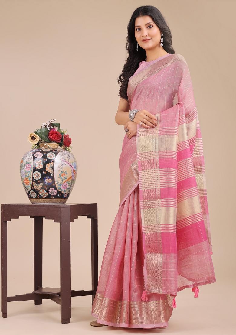 Pink Woven Zari Work Organza Saree Set