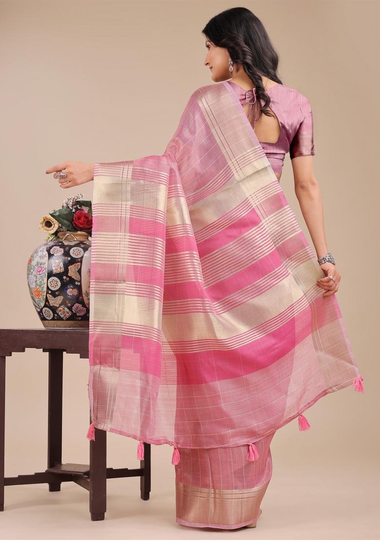 Pink Woven Zari Work Organza Saree Set