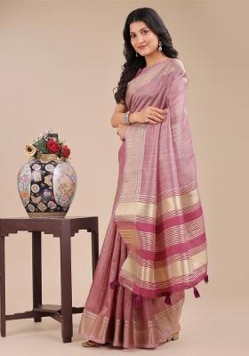 Purple Woven Zari Work Organza Saree Set