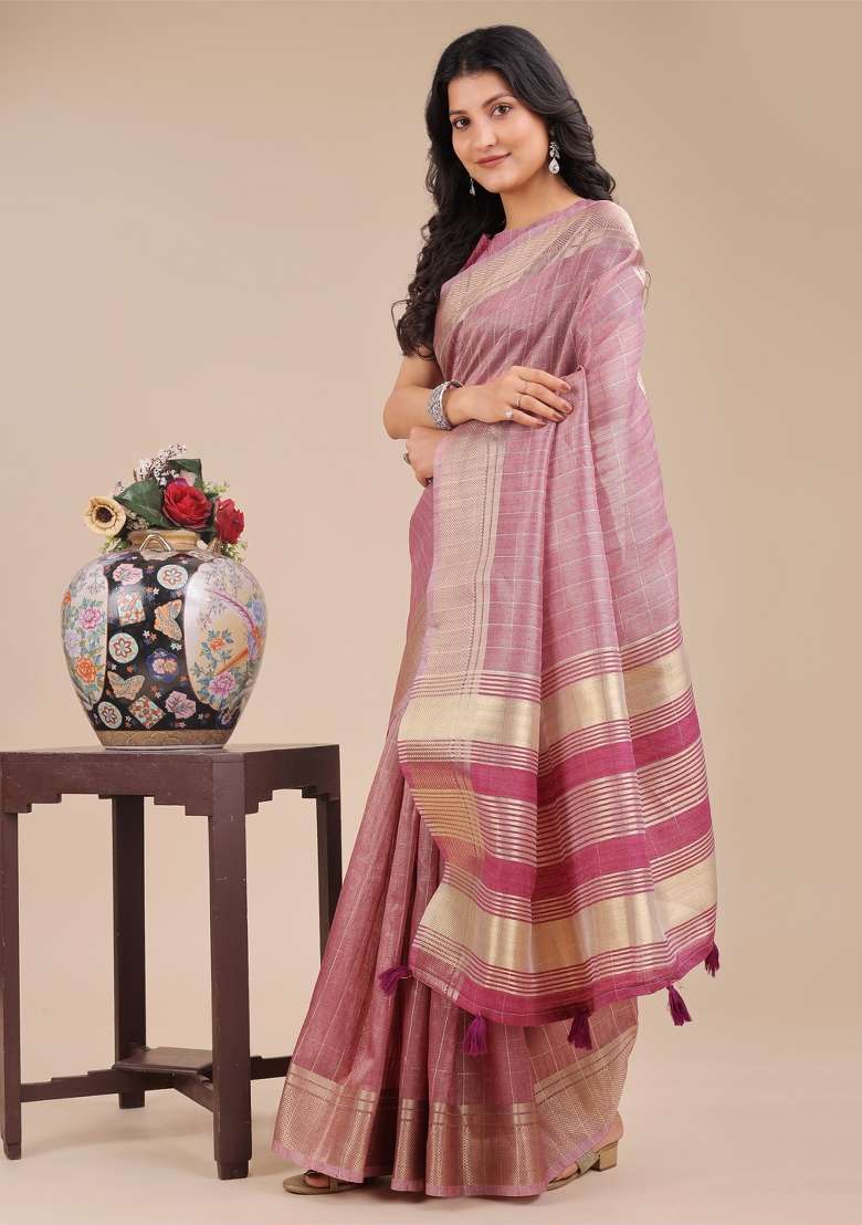Purple Woven Zari Work Organza Saree Set - Indya
