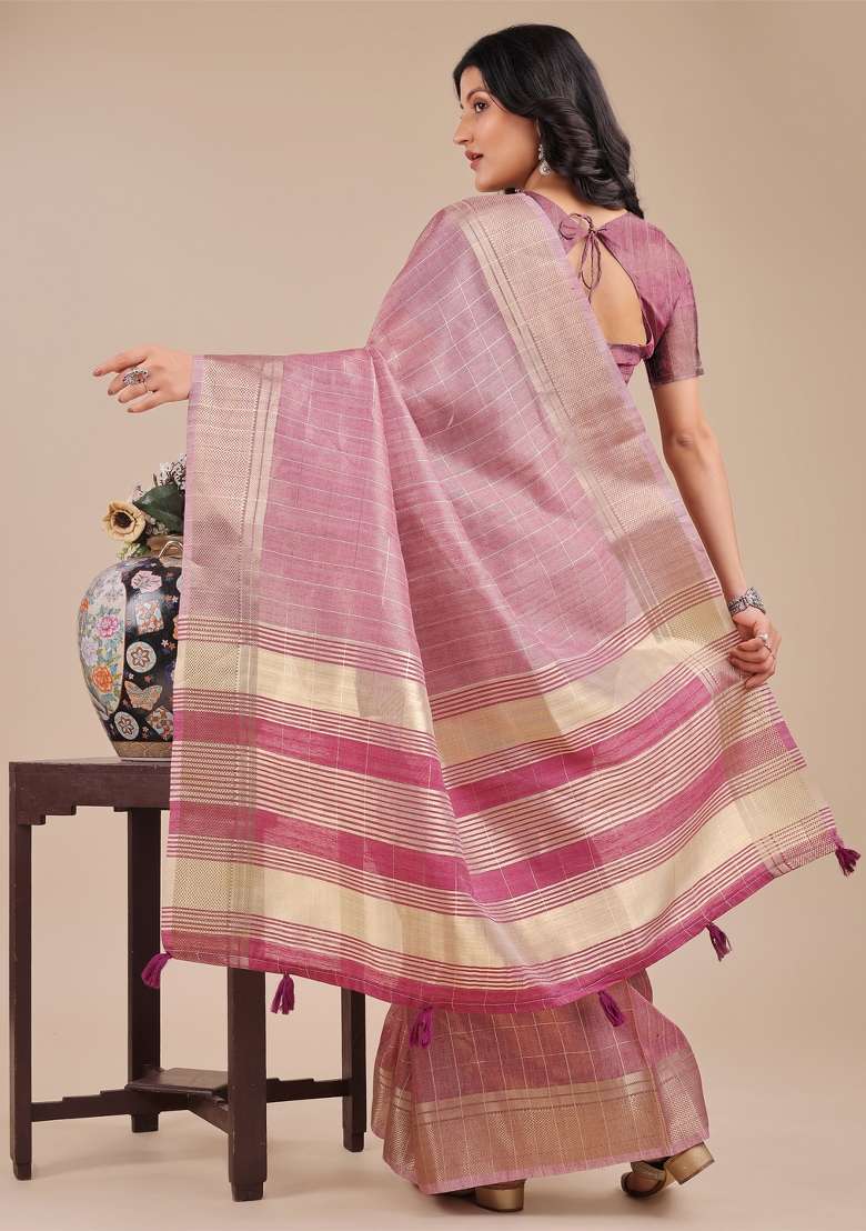 Purple Woven Zari Work Organza Saree Set - Indya