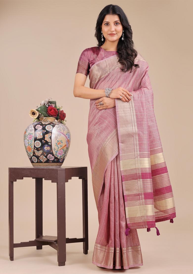 Purple Woven Zari Work Organza Saree Set