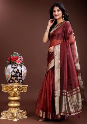 Red Woven Zari Work Organza Saree Set