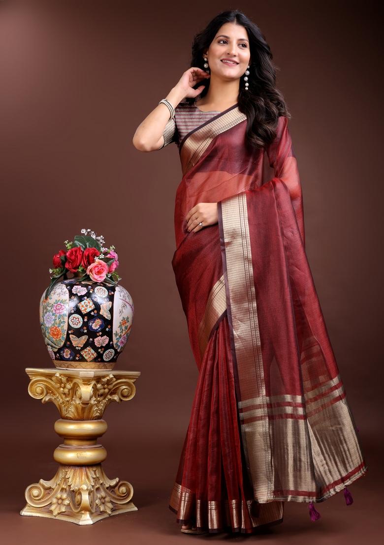 Red Woven Zari Work Organza Saree Set