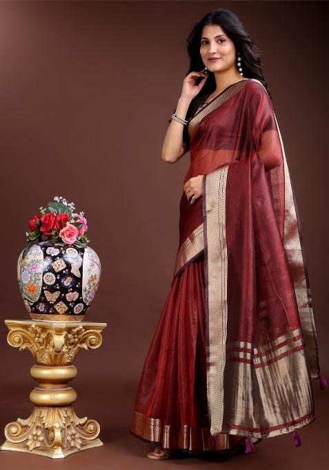 Red Woven Zari Work Organza Saree Set