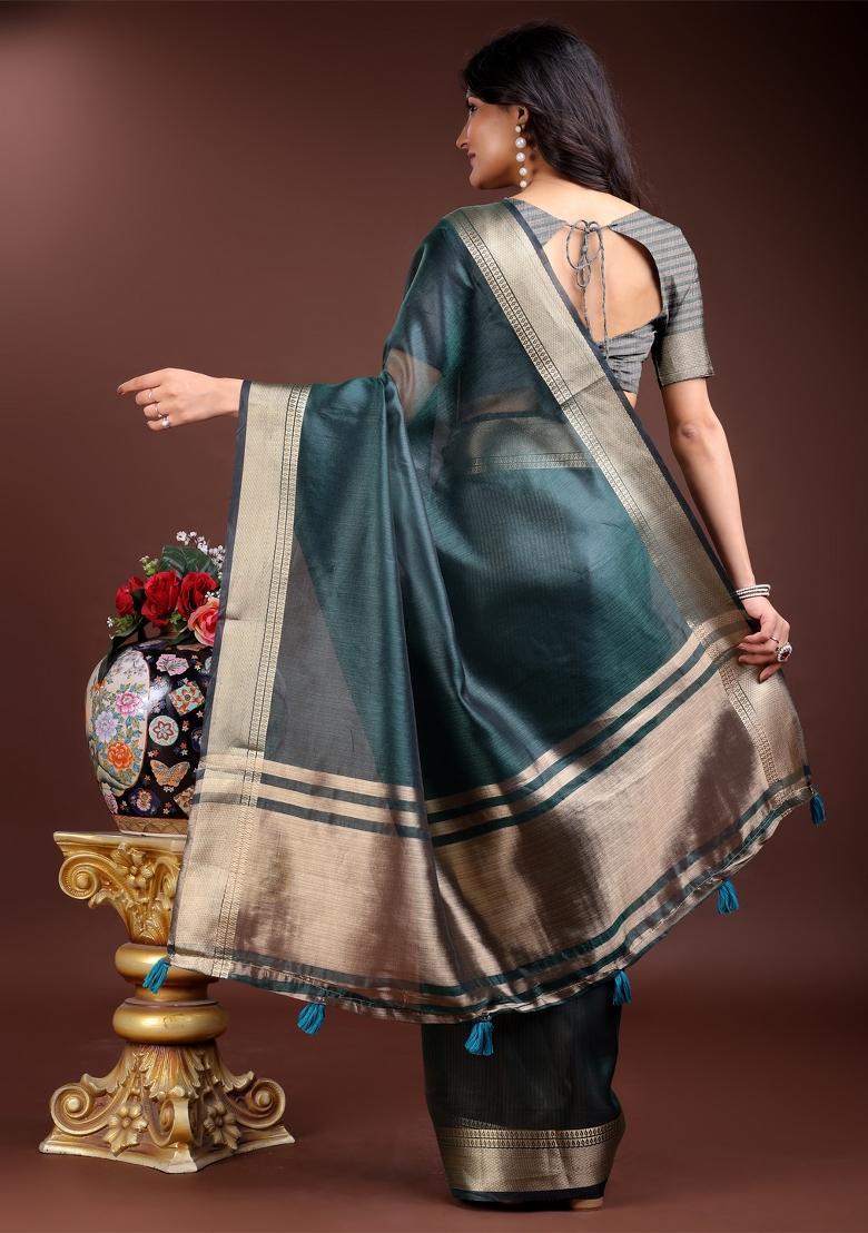 Sea Green Woven Zari Work Organza Saree Set