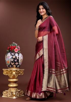 Magenta Woven Zari Work Organza Saree Set