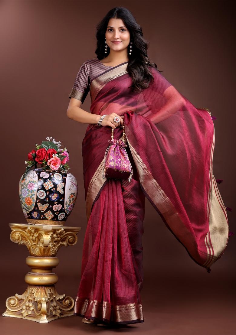 Magenta Woven Zari Work Organza Saree Set