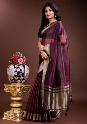 Purple Woven Zari Work Organza Saree Set