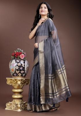 Grey Woven Zari Work Organza Saree Set