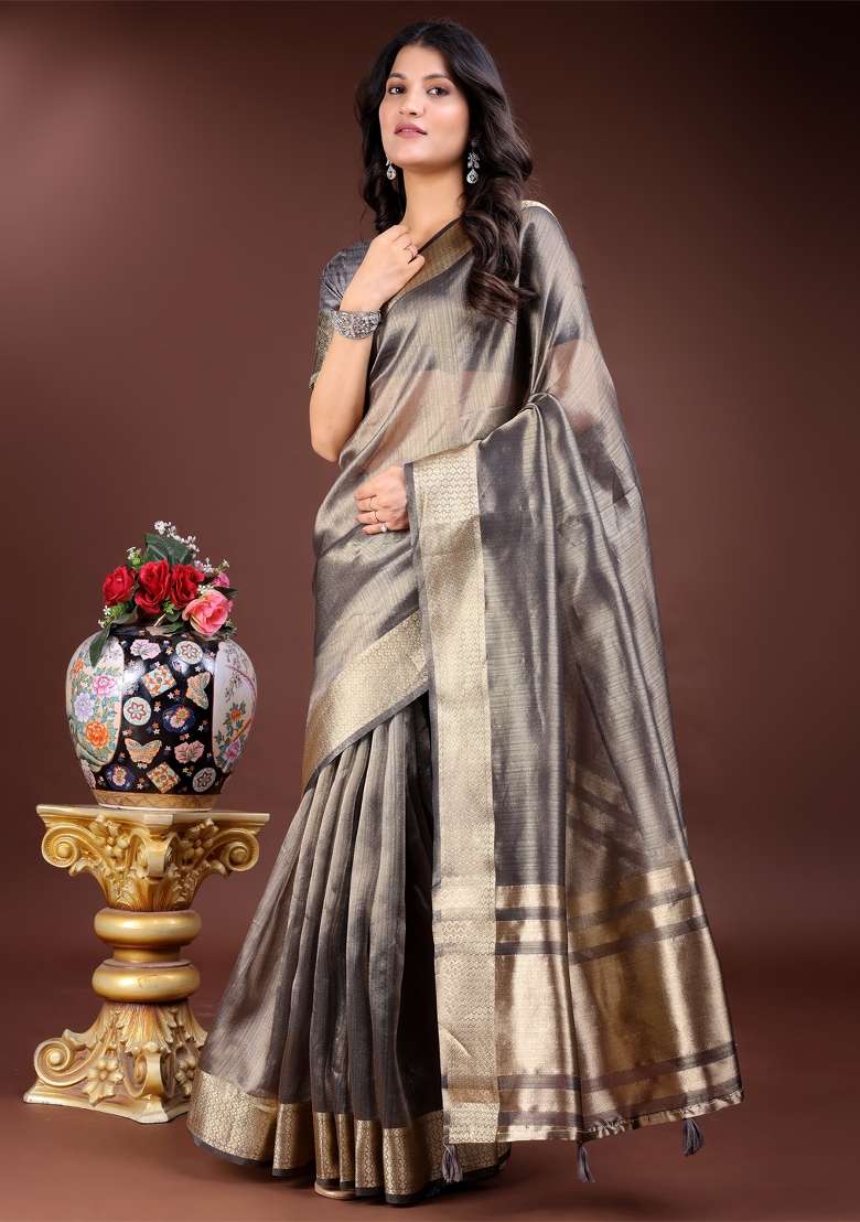 Grey Woven Zari Work Organza Saree Set - Indya