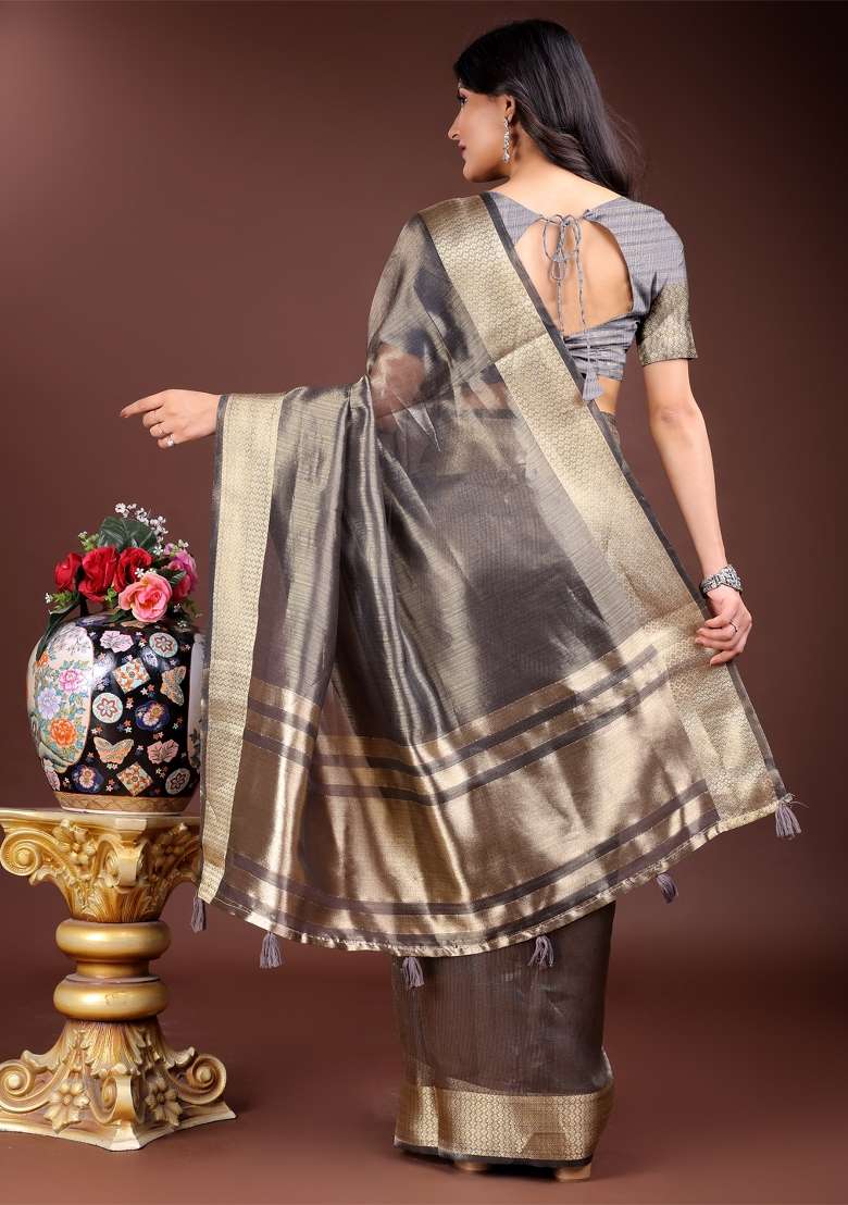 Grey Woven Zari Work Organza Saree Set - Indya