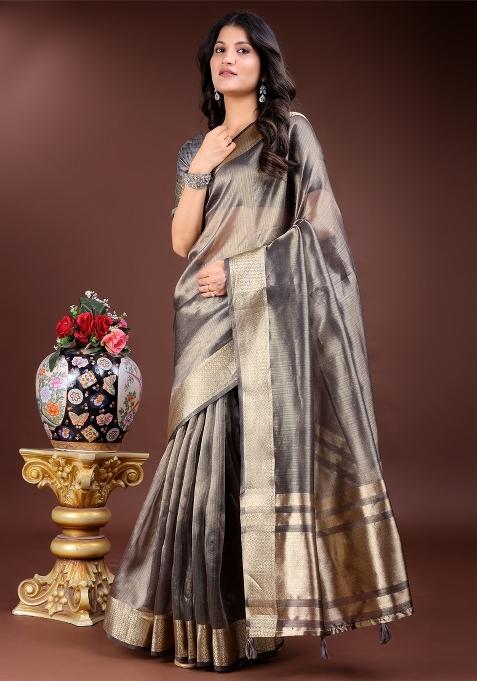 Grey Woven Zari Work Organza Saree Set