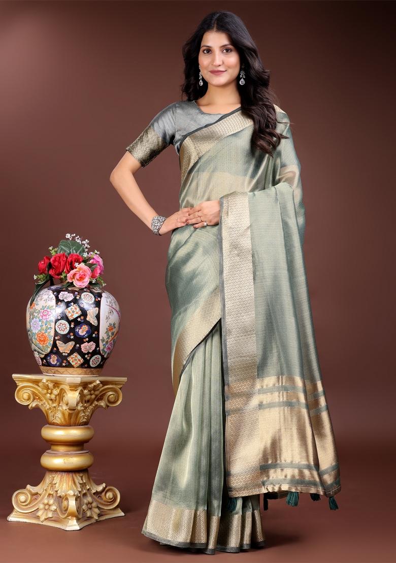 Sea Green Woven Zari Work Organza Saree Set