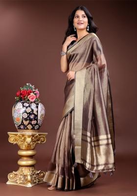 Brown Woven Zari Work Organza Saree Set