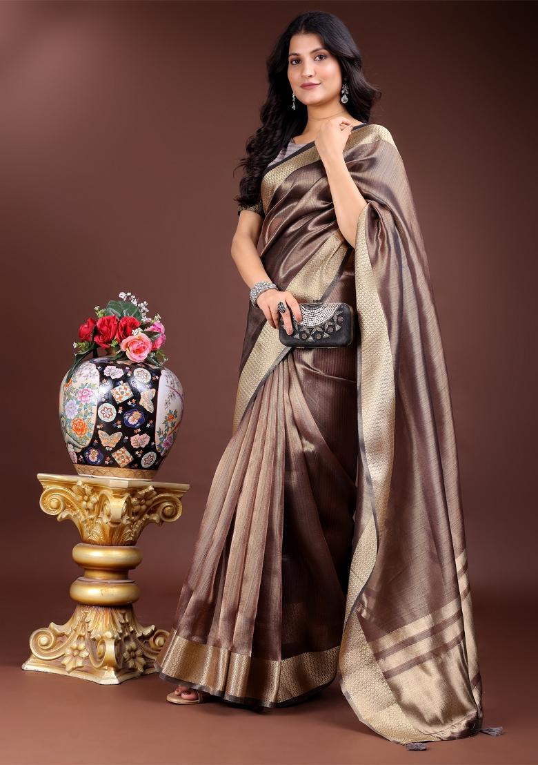 Brown Woven Zari Work Organza Saree Set