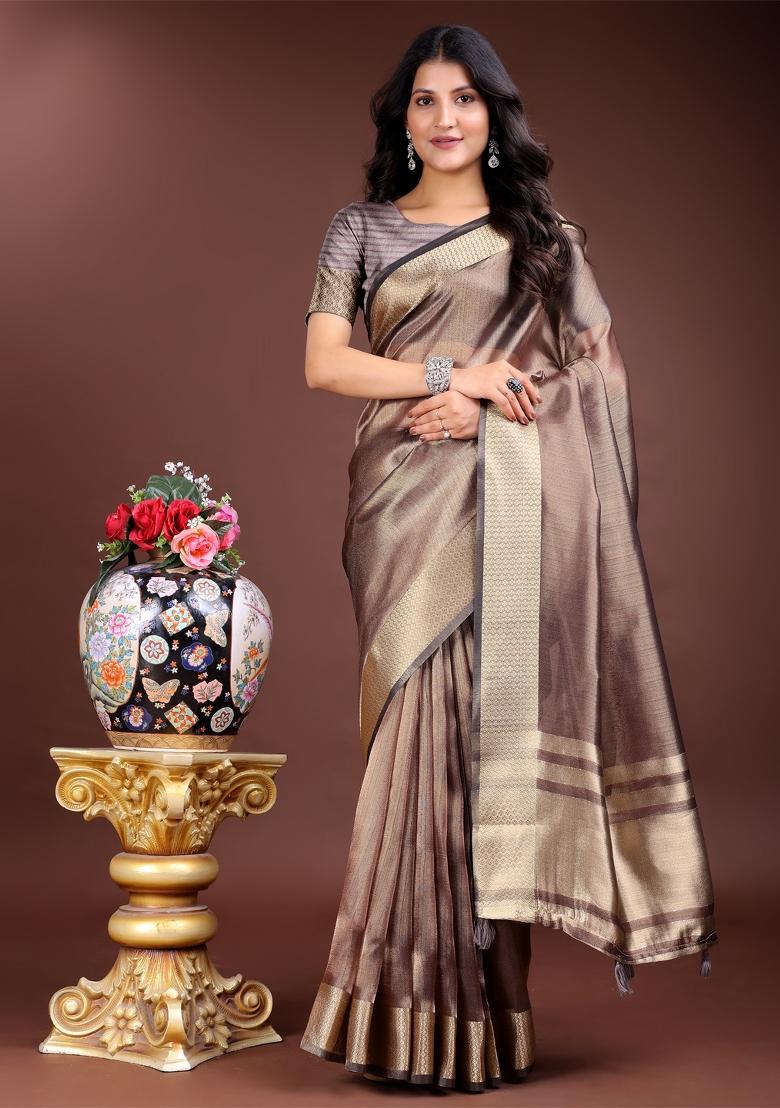 Brown Woven Zari Work Organza Saree Set