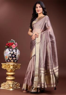 Purple Woven Zari Work Organza Saree Set