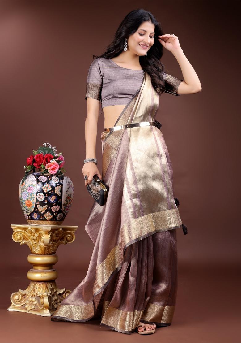 Purple Woven Zari Work Organza Saree Set