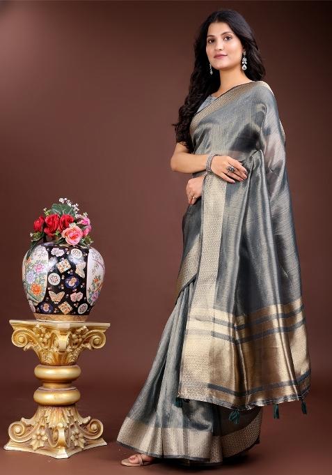 Silver Woven Zari Work Organza Saree Set