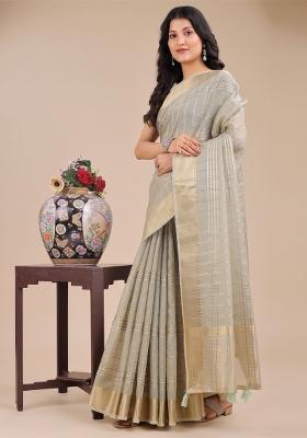 Beige Woven Zari Work Organza Saree Set