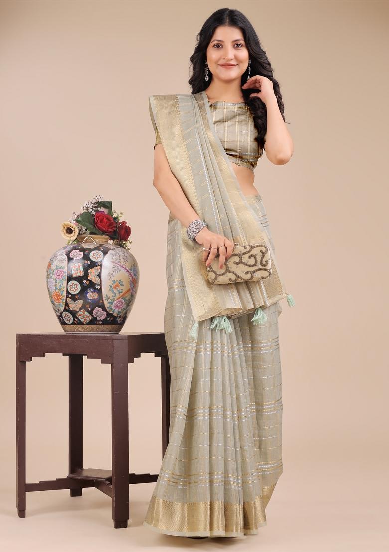 Beige Woven Zari Work Organza Saree Set