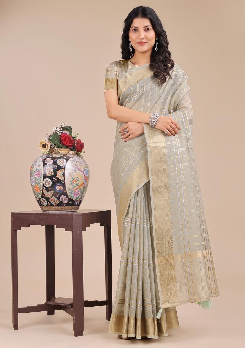 Beige Woven Zari Work Organza Saree Set