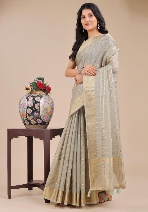 Beige Woven Zari Work Organza Saree Set