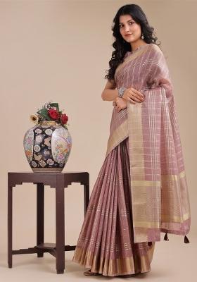 Purple Woven Zari Work Organza Saree Set