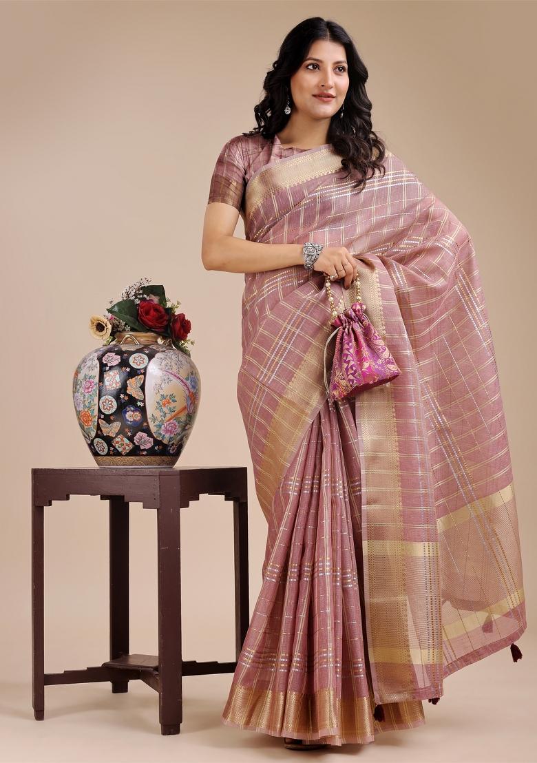 Purple Woven Zari Work Organza Saree Set