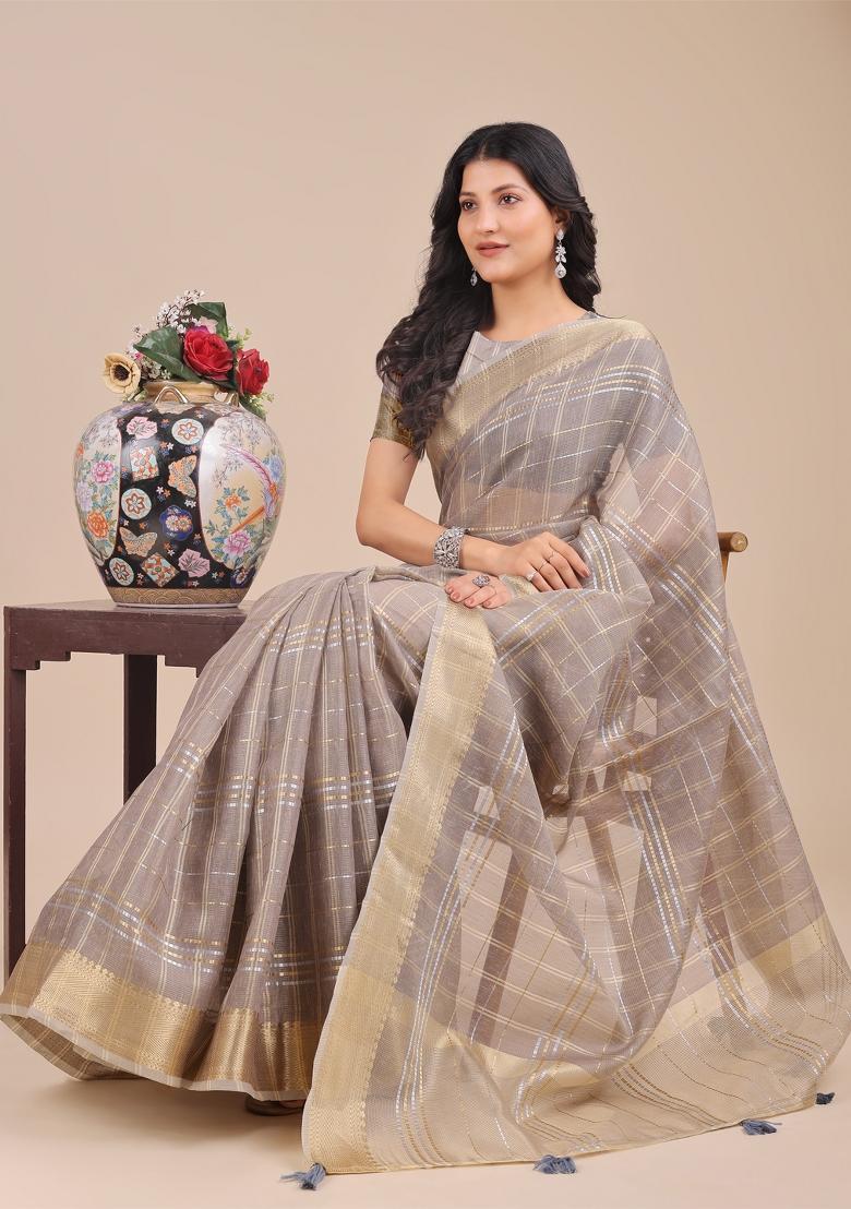 Tan Brown Woven Zari Work Organza Saree Set