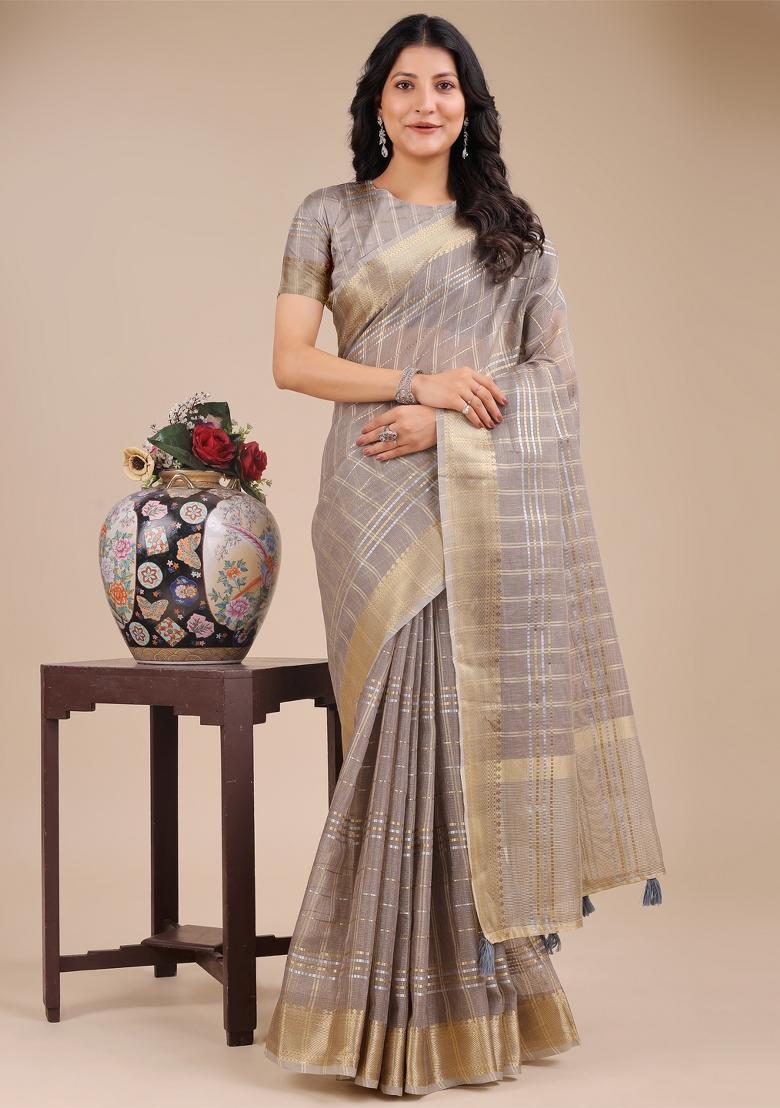Tan Brown Woven Zari Work Organza Saree Set