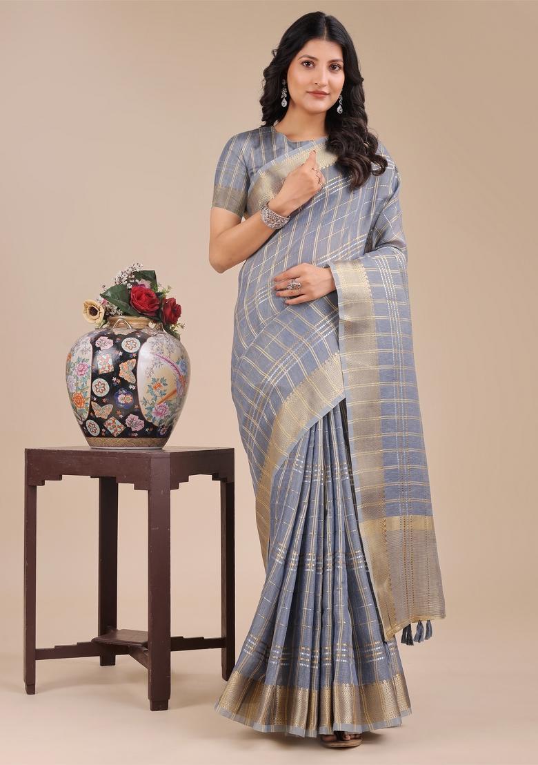Sky Blue Woven Zari Work Organza Saree Set