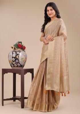 Cream Woven Zari Work Organza Saree Set