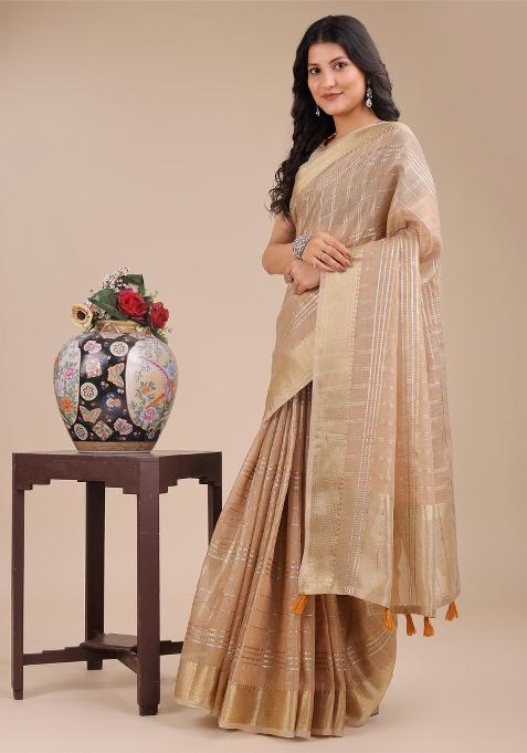 Cream Woven Zari Work Organza Saree Set