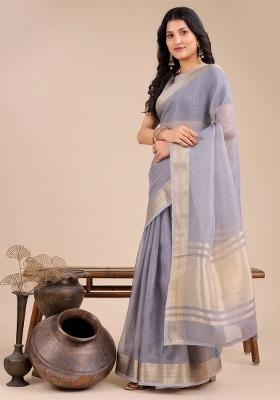 Grey Woven Zari Work Organza Saree Set