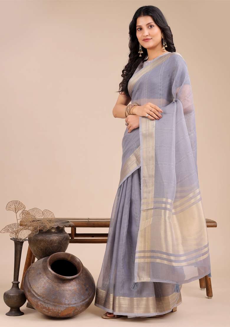 Grey Woven Zari Work Organza Saree Set - Indya