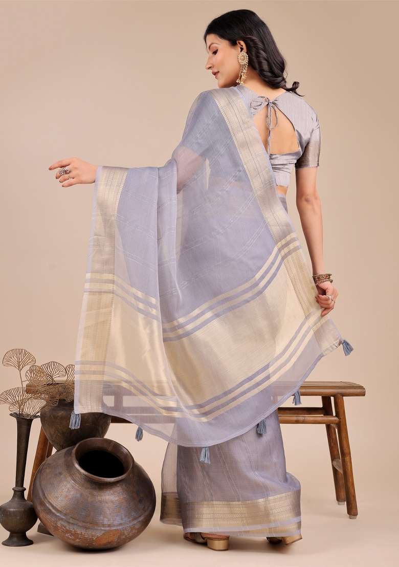 Grey Woven Zari Work Organza Saree Set - Indya