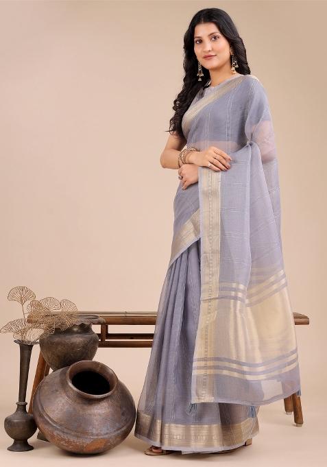 Grey Woven Zari Work Organza Saree Set