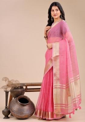 Pink Woven Zari Work Organza Saree Set