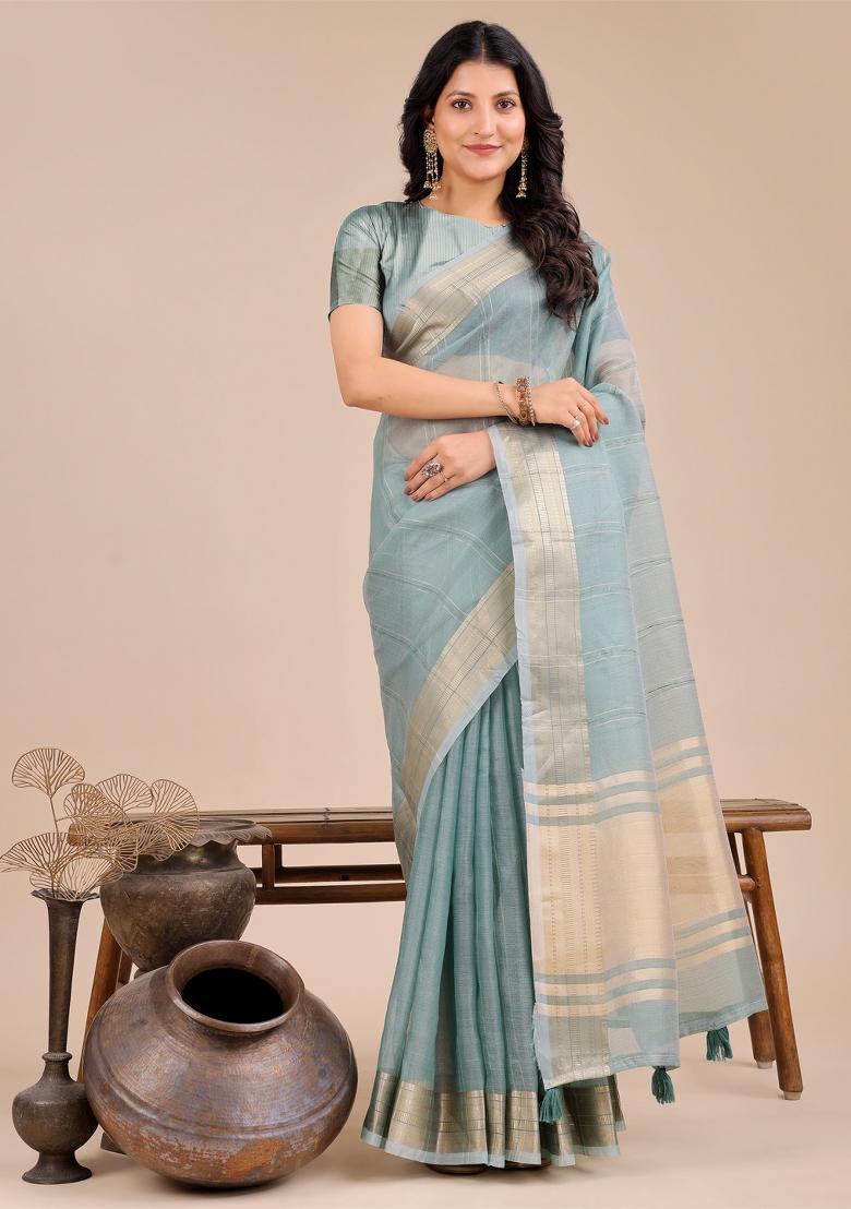 Sea Green Woven Zari Work Organza Saree Set