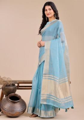 Sky Blue Woven Zari Work Organza Saree Set