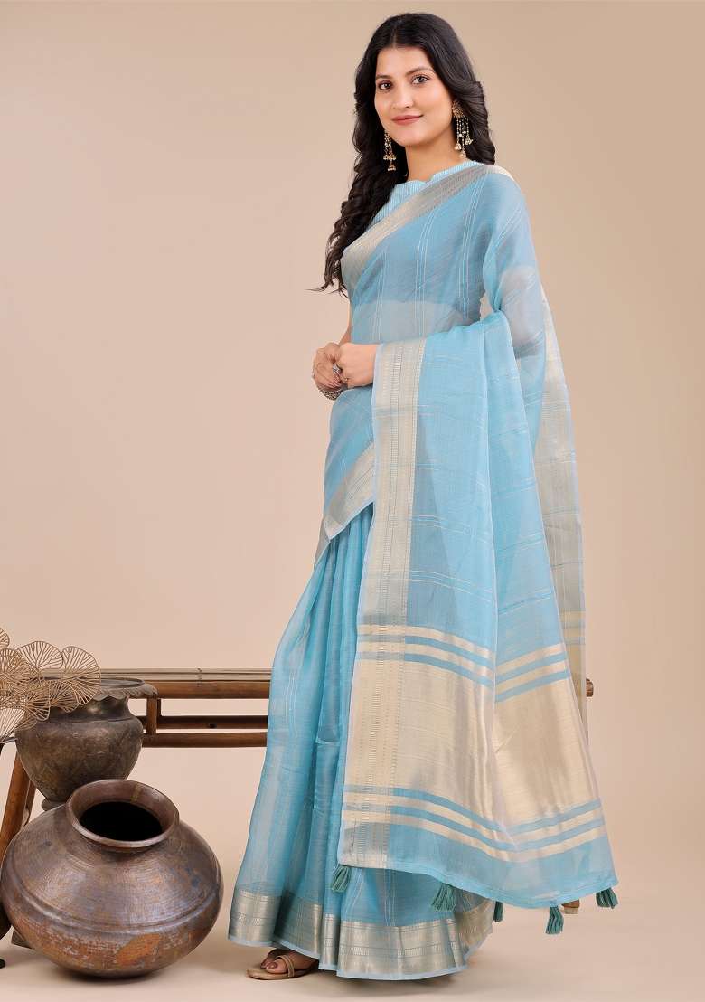 Sky Blue Woven Zari Work Organza Saree Set - Indya