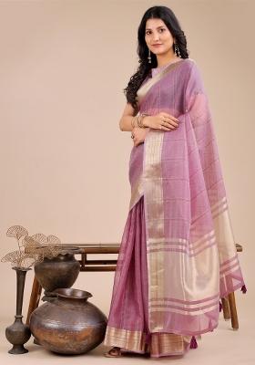 Purple Woven Zari Work Organza Saree Set