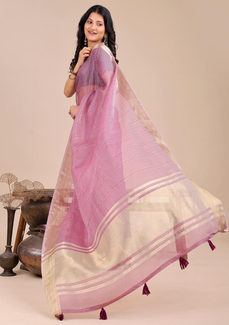 Purple Woven Zari Work Organza Saree Set